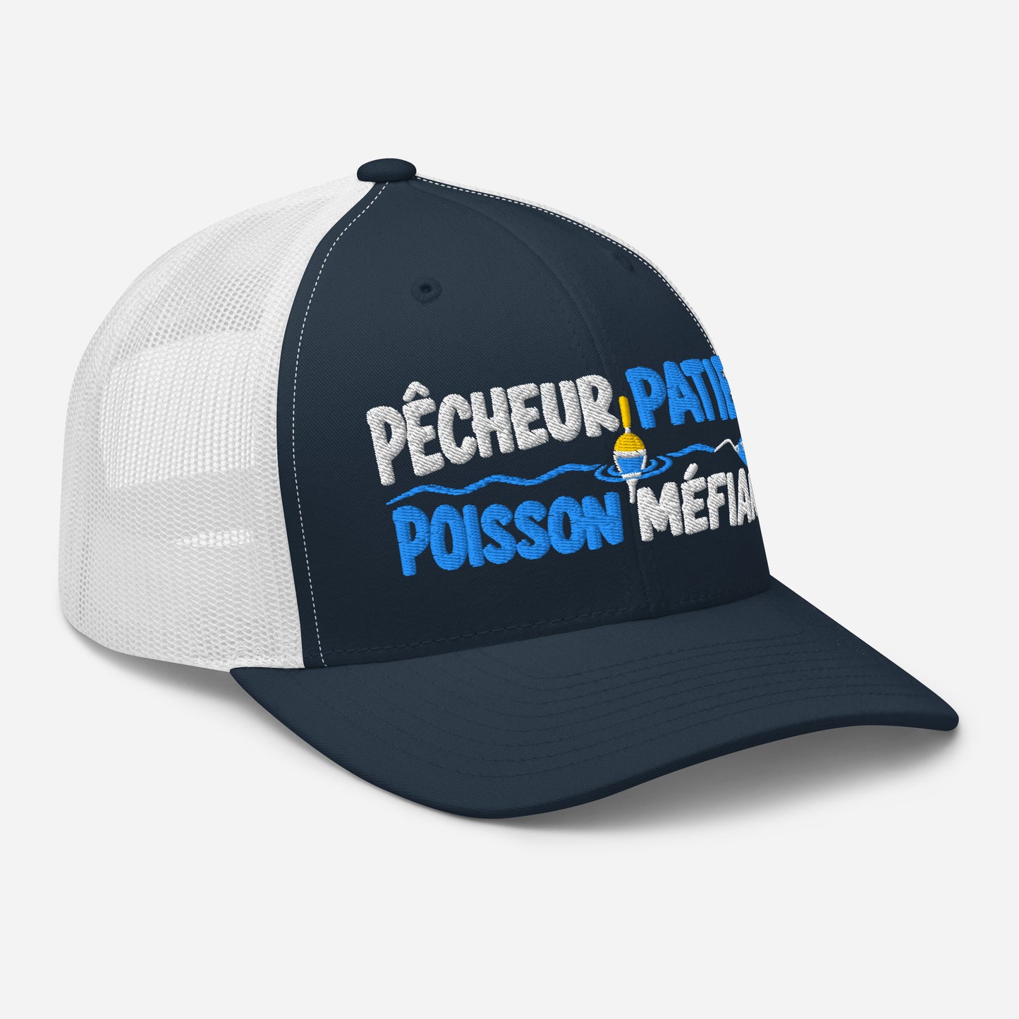 Casquette Trucker, brodée « Pêcheur patient, poisson méfiant », en Bleu Marine, vue de trois quarts, image 25