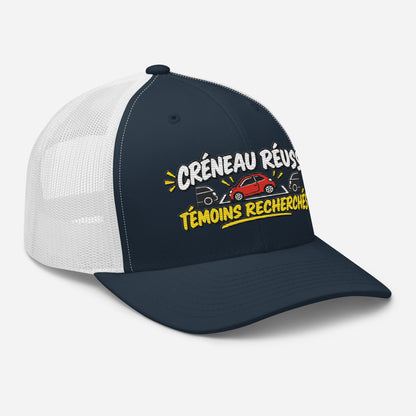 Casquette Trucker, brodée « Créneau réussi, Témoins recherchés », en Bleu Marine, vue de trois quarts, image 25
