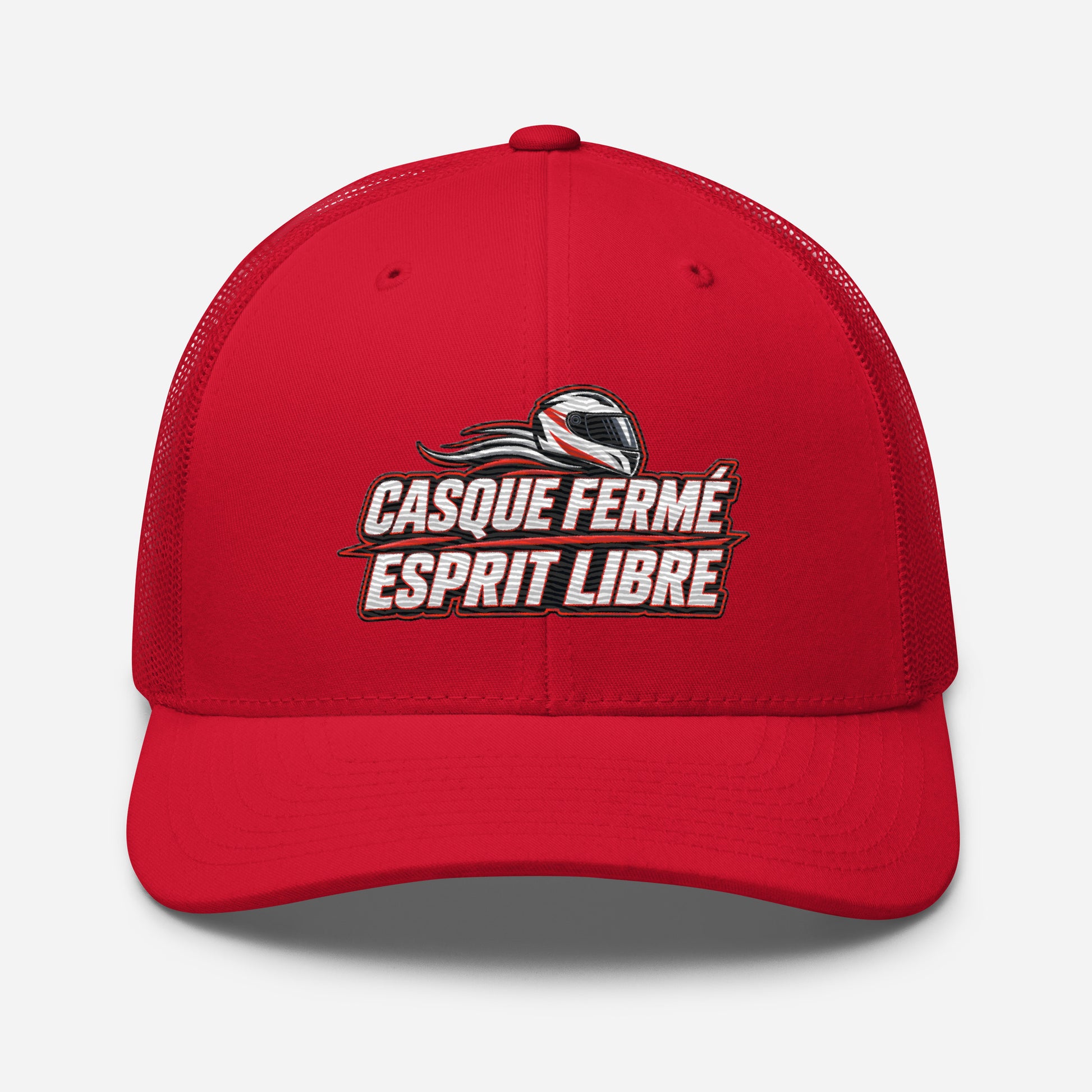 Casquette Trucker, brodée « Casque fermé, esprit libre », en Rouge, vue de face, image 38