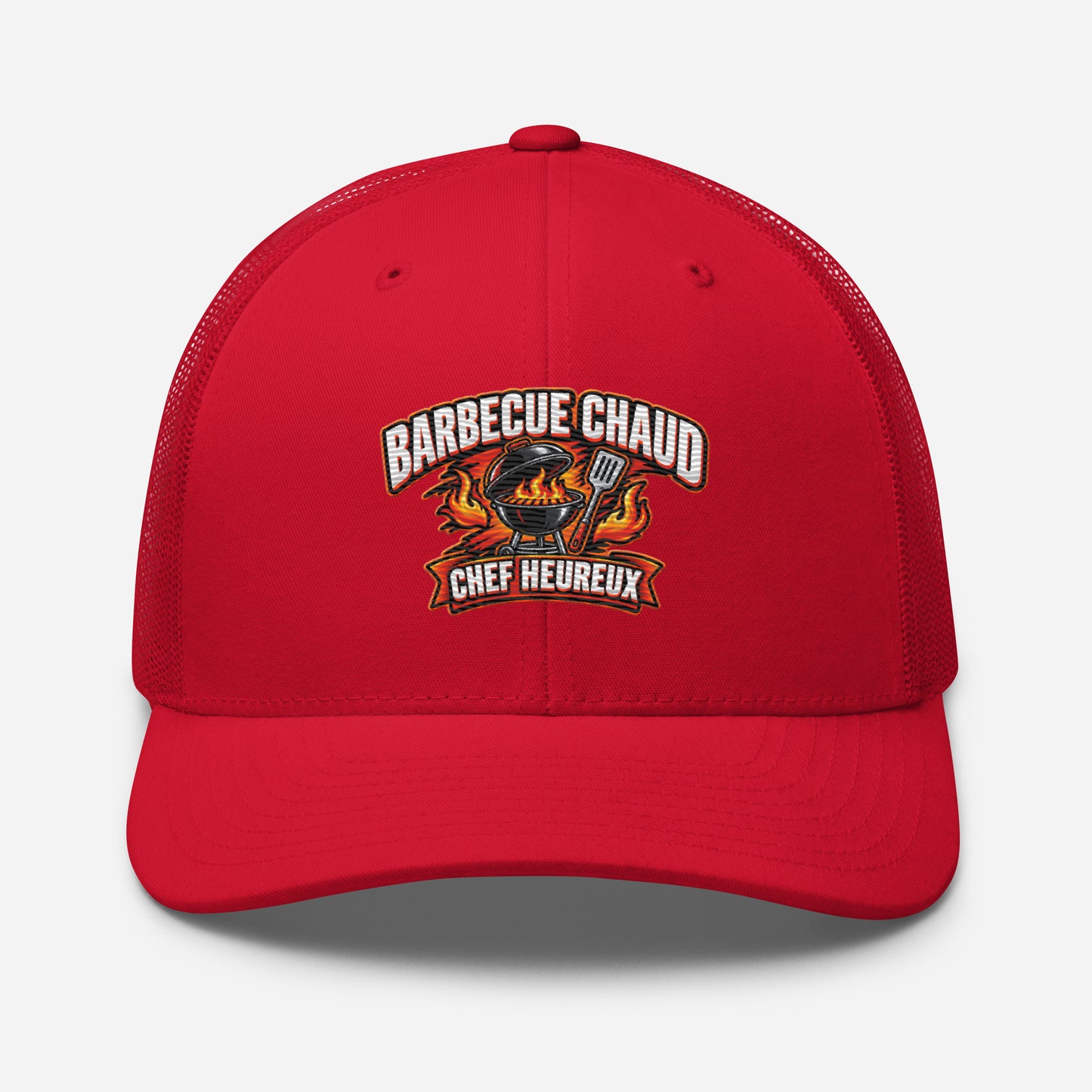 Casquette Trucker, brodée « Barbecue chaud, chef heureux », en Rouge, vue de face, image 39