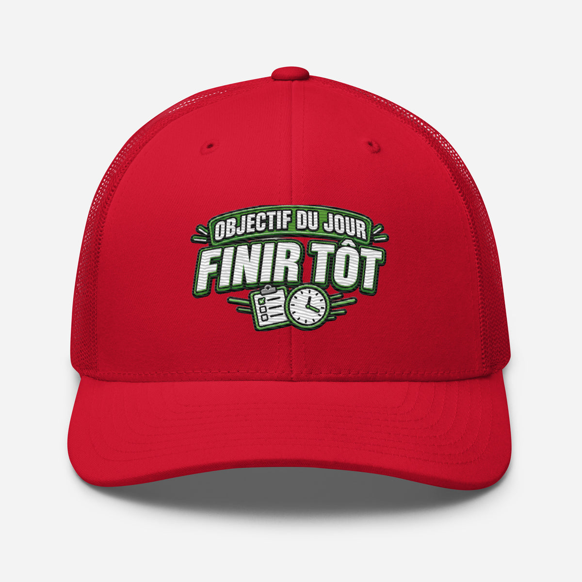 Casquette Trucker, brodée « Objectif du jour, finir tôt », en Rouge, vue de face, image 38