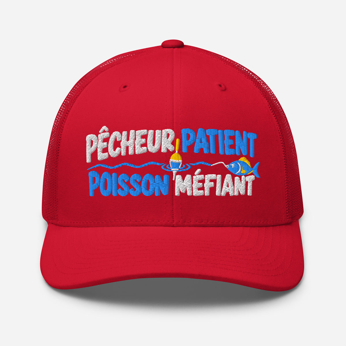Casquette Trucker, brodée « Pêcheur patient, poisson méfiant », en Rouge, vue de face, image 39