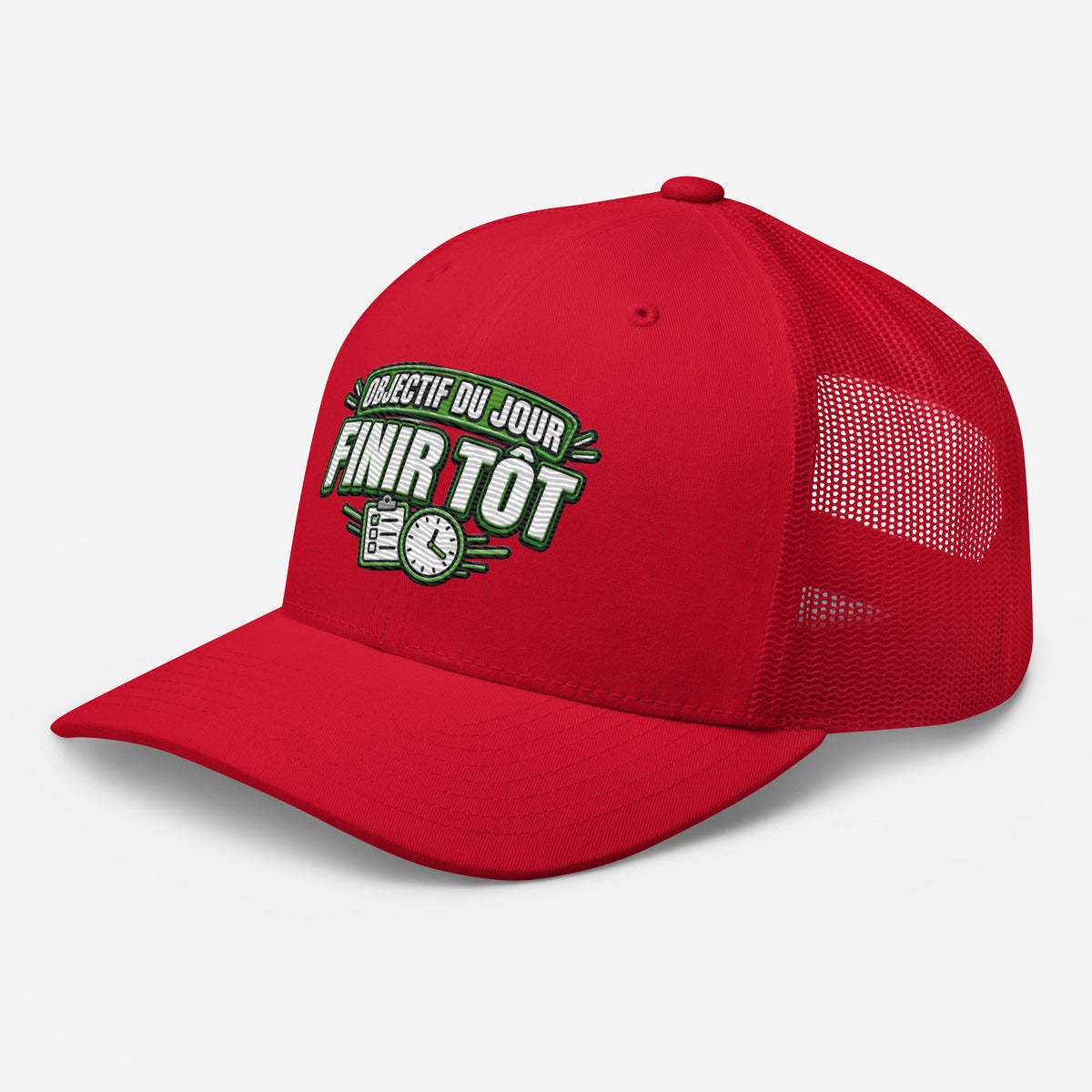 Casquette Trucker, brodée « Objectif du jour, finir tôt », en Rouge, vue de trois quarts, image 40