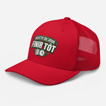 Casquette Trucker, brodée « Objectif du jour, finir tôt », en Rouge, vue de trois quarts, image 40