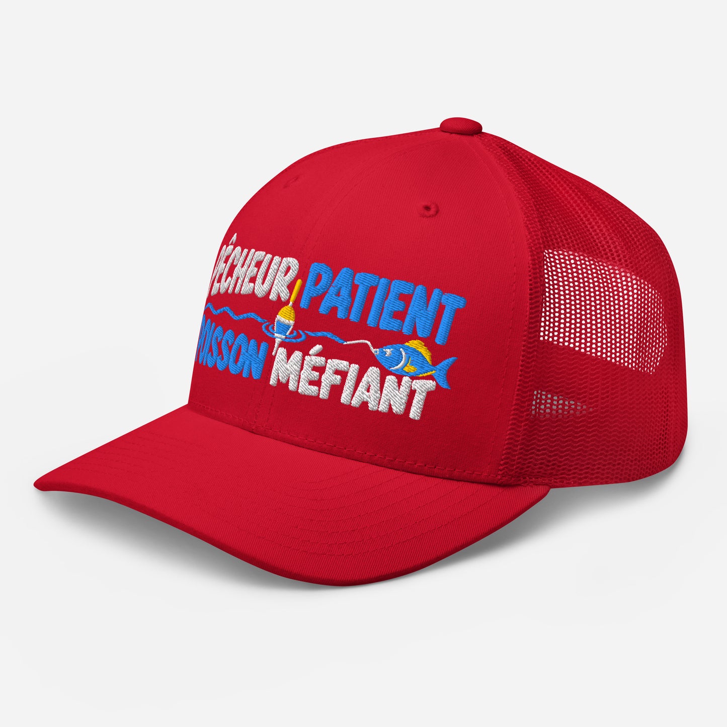 Casquette Trucker, brodée « Pêcheur patient, poisson méfiant », en Rouge, vue de trois quarts, image 41