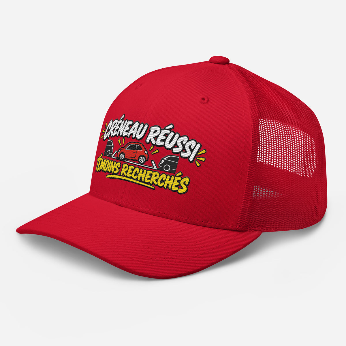 Casquette Trucker, brodée « Créneau réussi, Témoins recherchés », en Rouge, vue de trois quarts, image 41