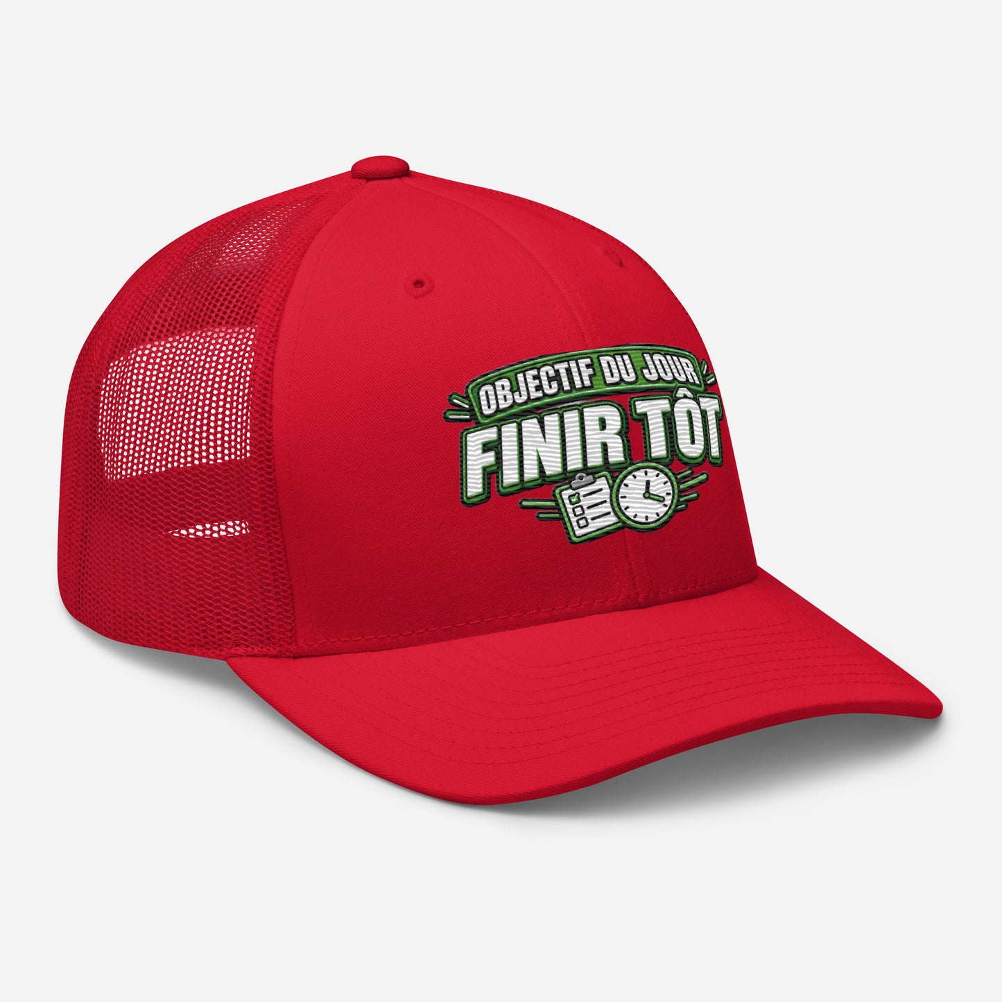 Casquette Trucker, brodée « Objectif du jour, finir tôt », en Rouge, vue de trois quarts, image 42