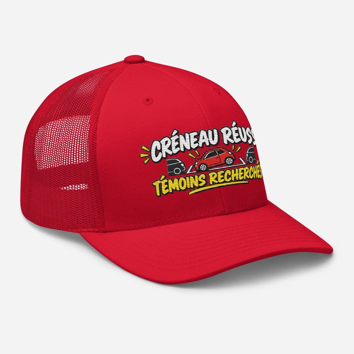 Casquette Trucker, brodée « Créneau réussi, Témoins recherchés », en Rouge, vue de trois quarts, image 43
