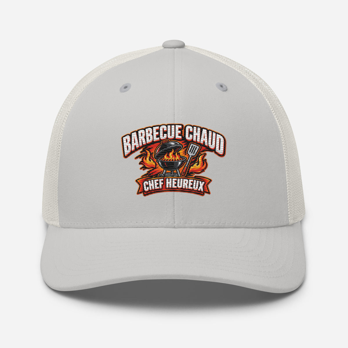 Casquette Trucker, brodée « Barbecue chaud, chef heureux », vue de face, image 79