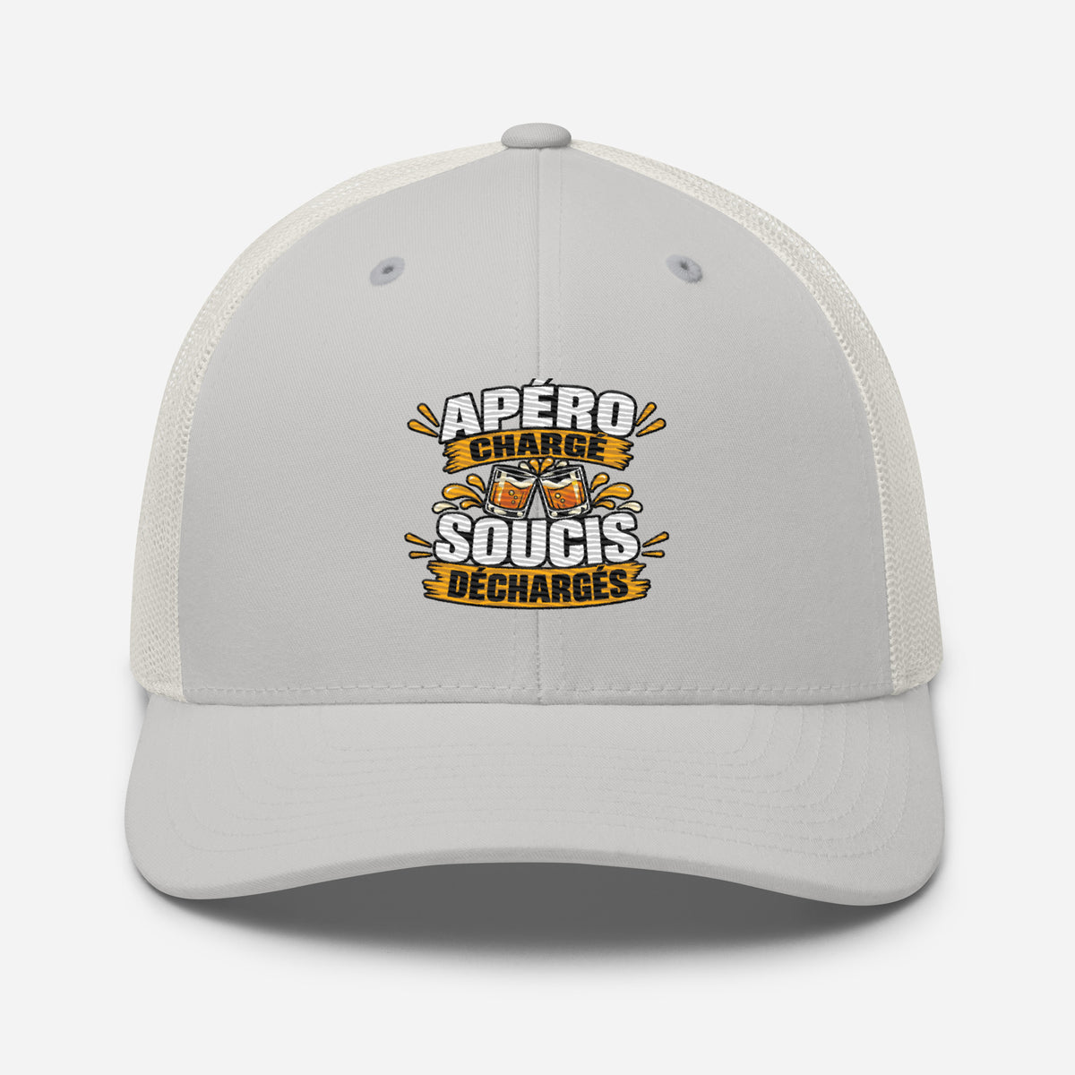 Casquette Trucker, brodée « Apéro chargé, soucis déchargés », vue de face, image 79