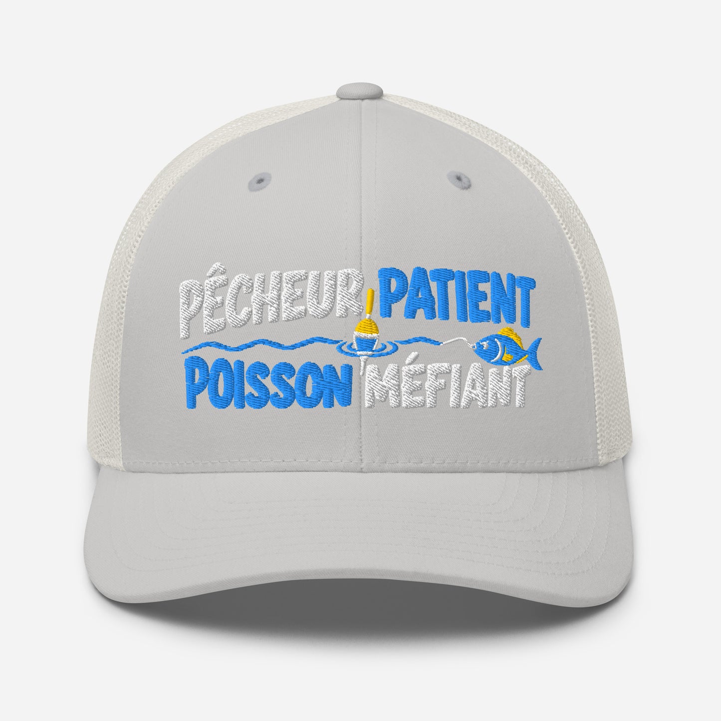 Casquette Trucker, brodée « Pêcheur patient, poisson méfiant », vue de face, image 79