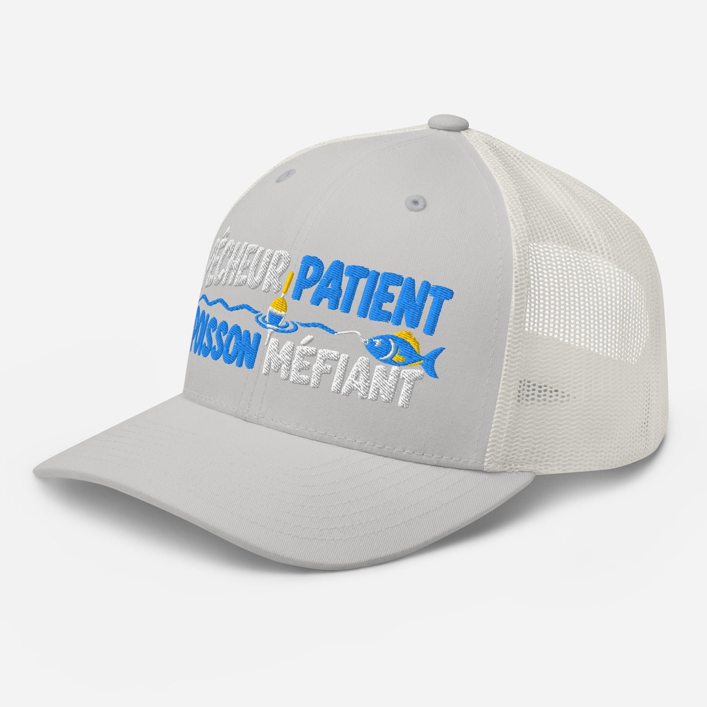 Casquette Trucker, brodée « Pêcheur patient, poisson méfiant », vue de trois quarts, image 82