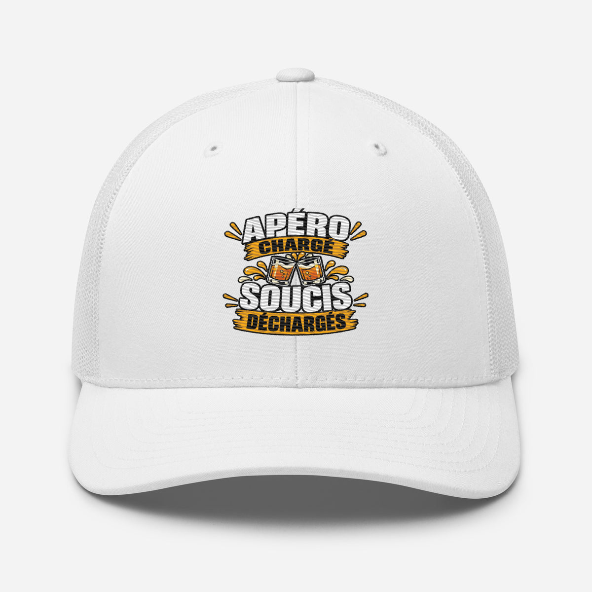 Casquette Trucker, brodée « Apéro chargé, soucis déchargés », vue de face, image 98