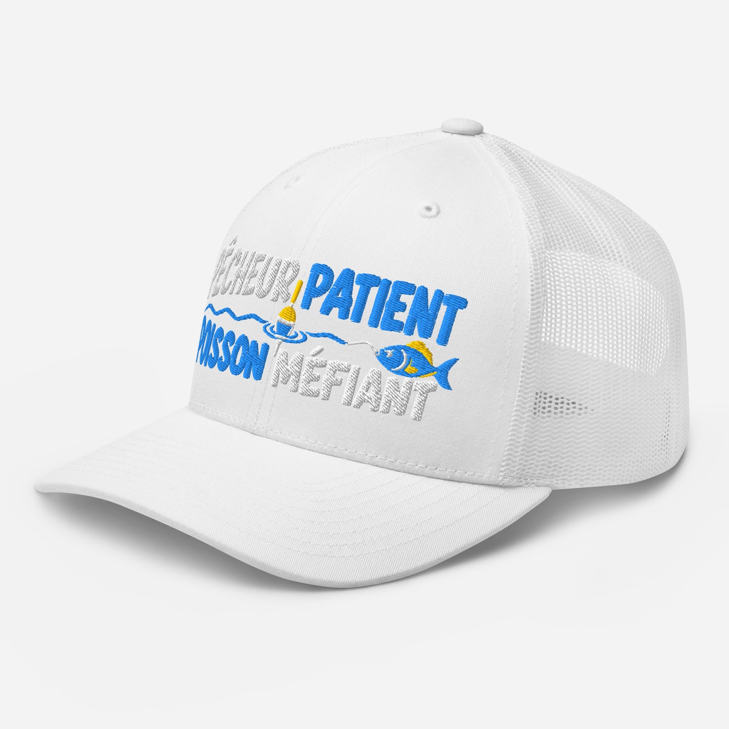 Casquette Trucker, brodée « Pêcheur patient, poisson méfiant », vue de trois quarts, image 100