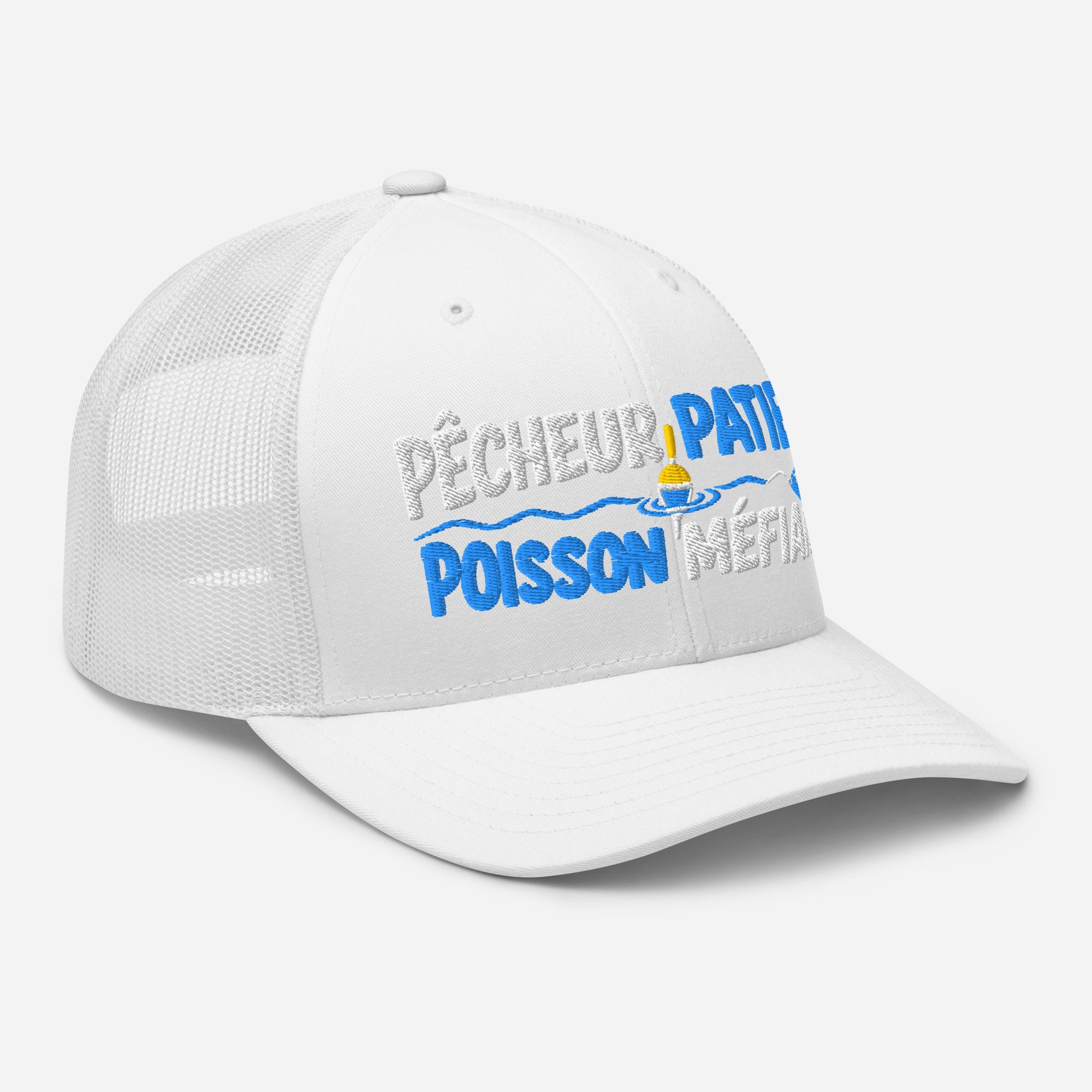 Casquette Trucker, brodée « Pêcheur patient, poisson méfiant », vue de trois quarts, image 102