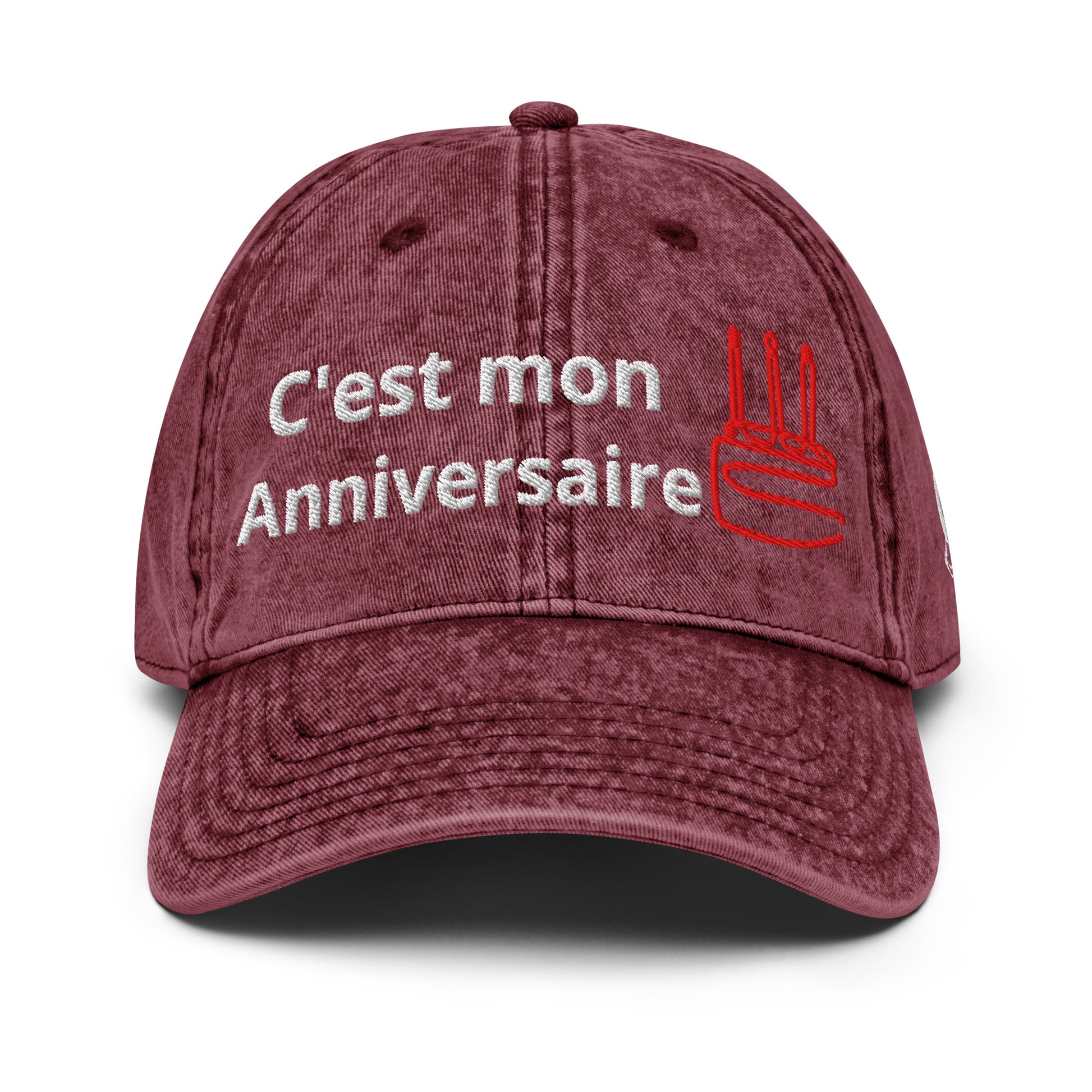 Casquette Baseball, brodée « C'est mon anniversaire », en Bordeaux, vue de face, image 4