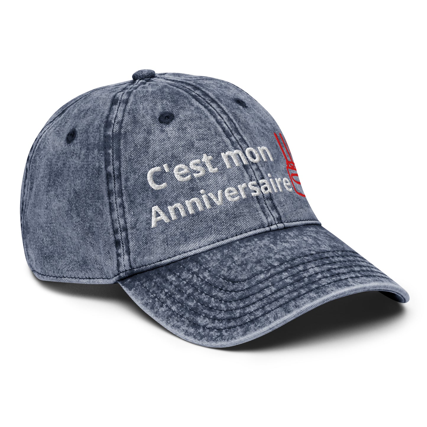 Casquette Baseball, brodée « C'est mon anniversaire », en Bleu Marine, vue de trois quarts, image 15